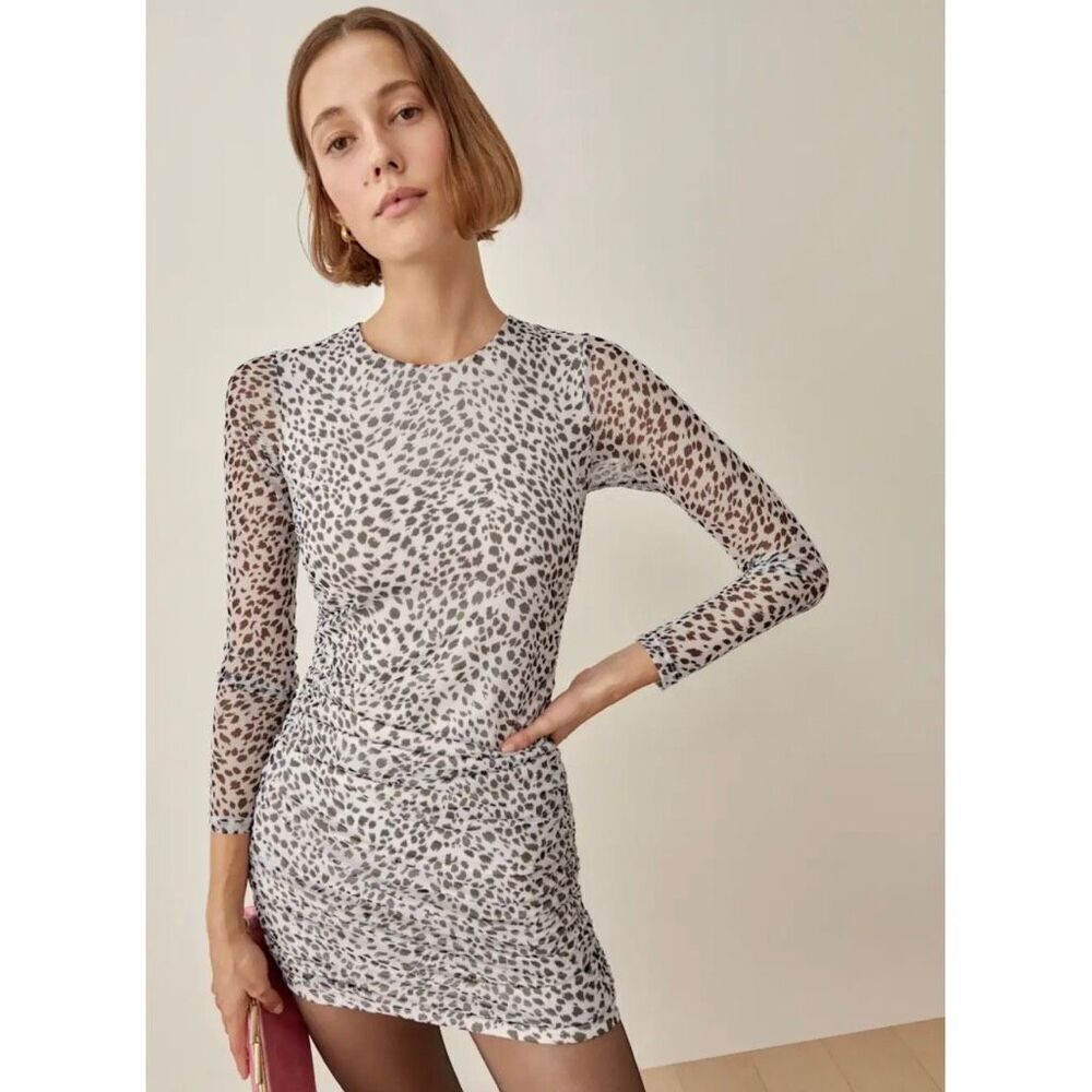 Reformation Tomas Dress Medium Animal Print Mesh Ruched Bodycon Long Sleeve Mini